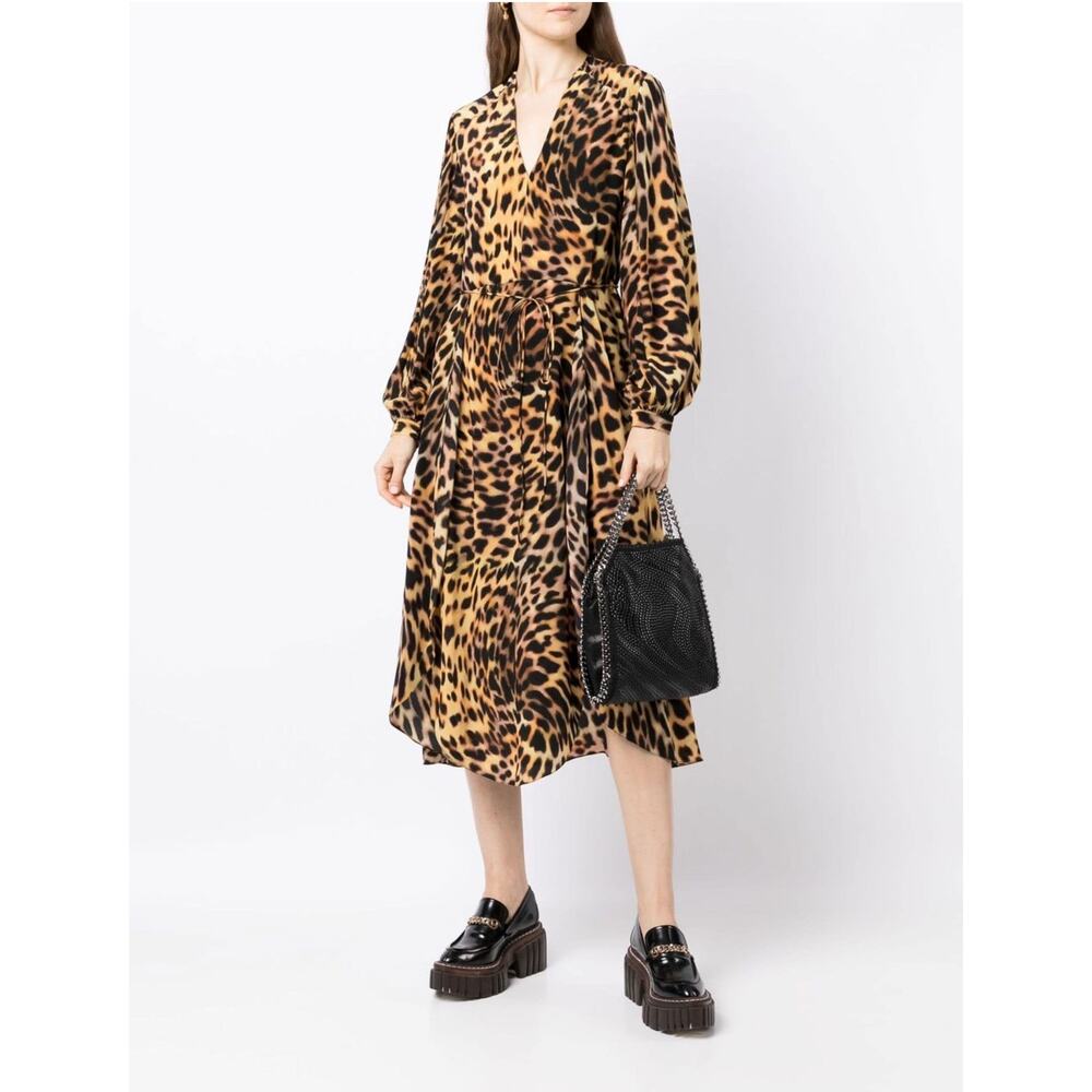 Stella McCartney Leopard Print Silk Midi Dress Long Sleeve EU 38 XS